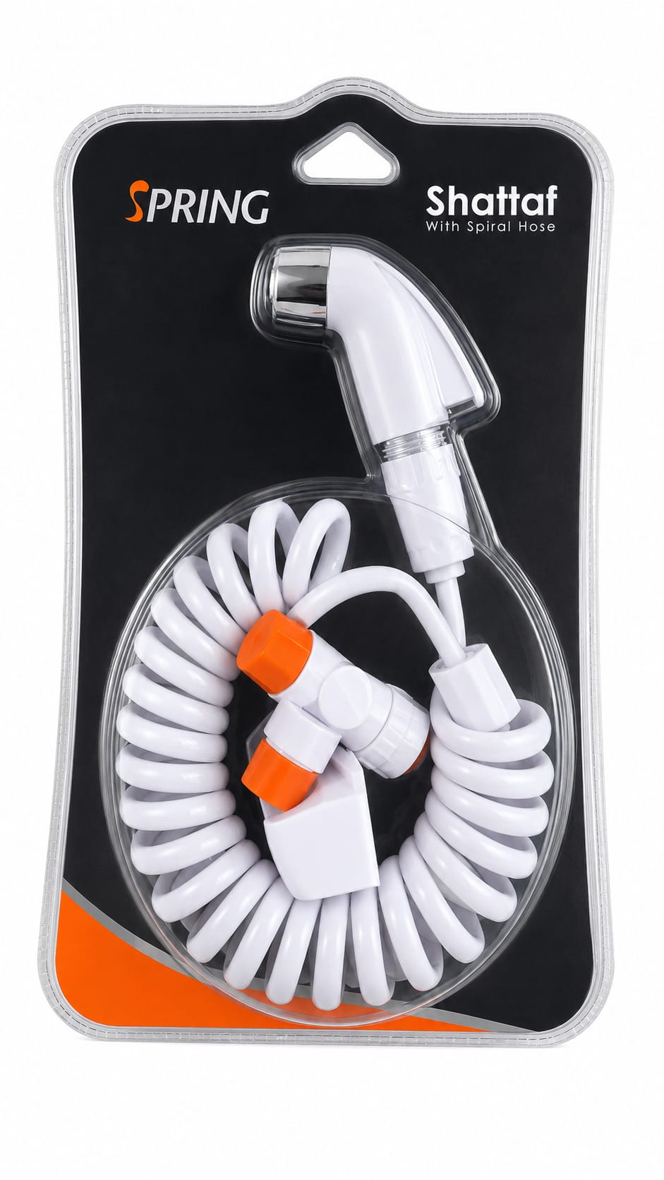 A spring-loaded kettle with a split faucet and a white hanger.
