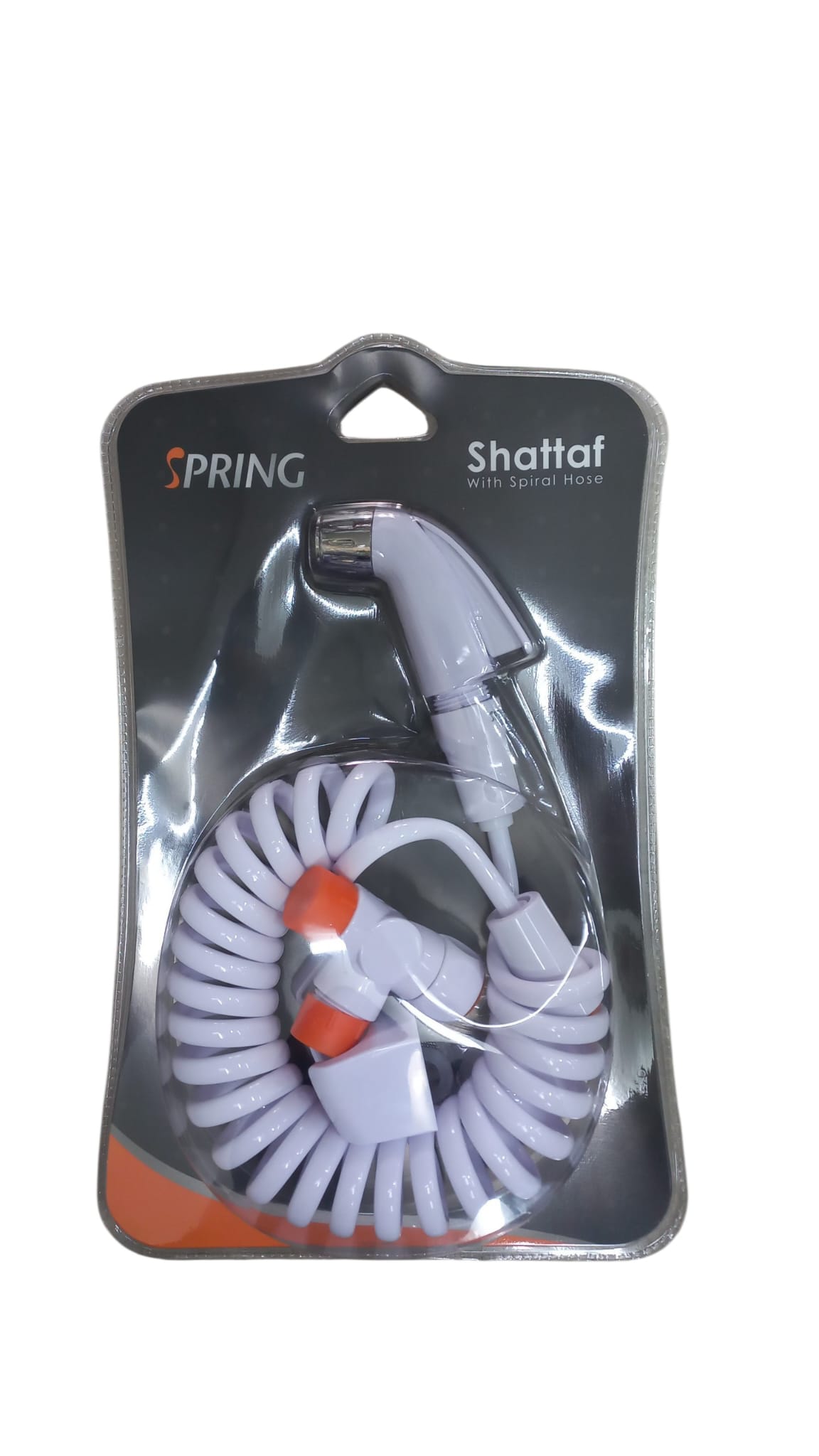A spring-loaded kettle with a split faucet and a white hanger.